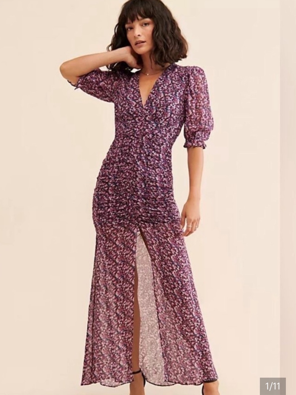 Free People Purple Floral Puff-Sleeve Maxi Dress